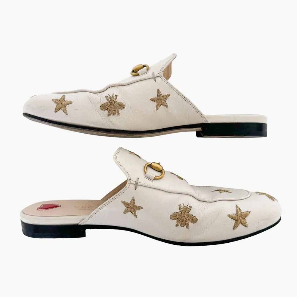 Gucci Princetown Horsebit Loafer Mule EU 37 US 7 White Bee Star Embroidered